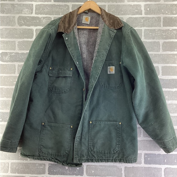 Vintage Carhartt Chore Coat Spruce Green Brown Corded Collar Blanket Lined Coat - Picture 1 of 4